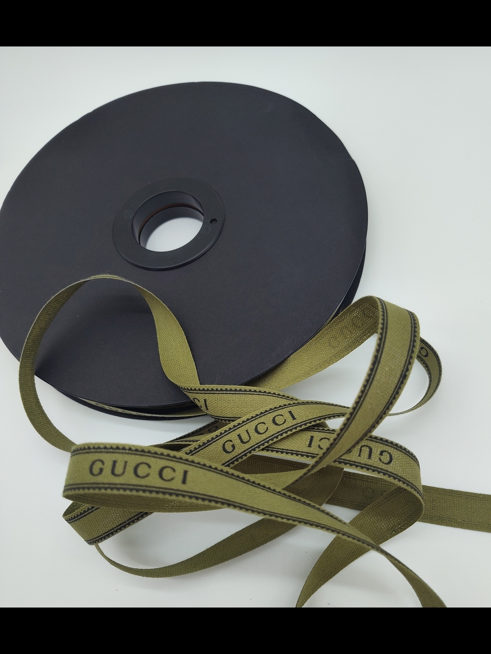 GUCCI Logo Ribbon Olive Black 15 Yards Bulk Luxury Wrap Sewing - Picture 2 of 3